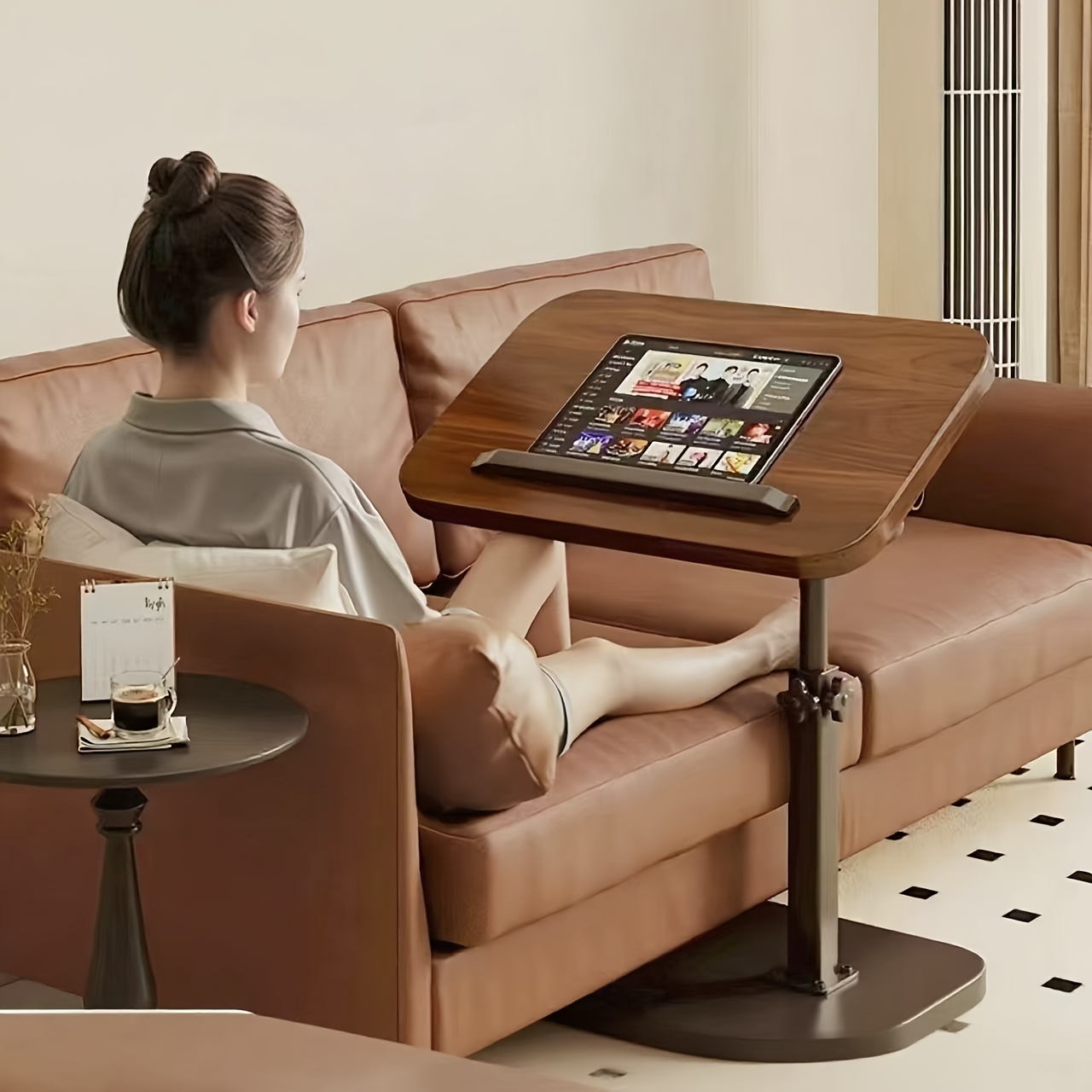 Outdoor Furniture Wood - Black Walnut Swivel Laptop Desk, Height‑Adjustable